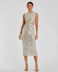 Silver Sequin Front Twist Cut Out Sheath Dress - FINAL SALE