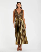Sleeveless V Neck Pleated Top Metallic Dress
