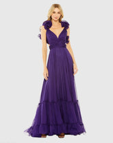 Purple Ruffle Tiered Cut-Out Chiffon Gown
