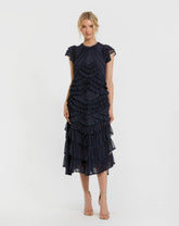 Navy High Neck Cap Sleeve Micro Ruffle Midi Dress