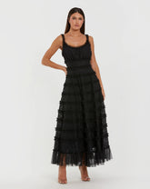 Black Sleeveless Lace A Line Midi Dress With Ruffles