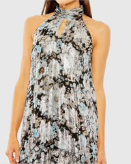 Black Floral High Neck Keyhole Ruffle Mini Dress