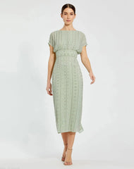 Green Beaded Cap Sleeve Empire Waist Sheath Midi Dress