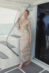 Beige V-Neck Beaded Fringe Embellished Sheath Dress