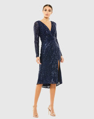 Navy Sequined Long Sleeve Midi Dress