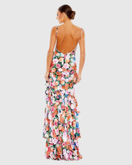 Multicolor Floral Print Asymmetrical Ruffle Hem Gown