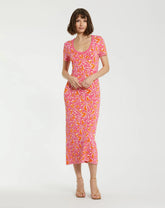 Pink Short Sleeve Scoop Neck Floral Knit Maxi Dress
