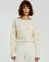 White Long Sleeve Crochet Knit Crew Neck Sweater With Pockets - FINAL SALE