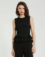 Black Sleeveless High Neck Knit Top With Ruffle Hem - FINAL SALE