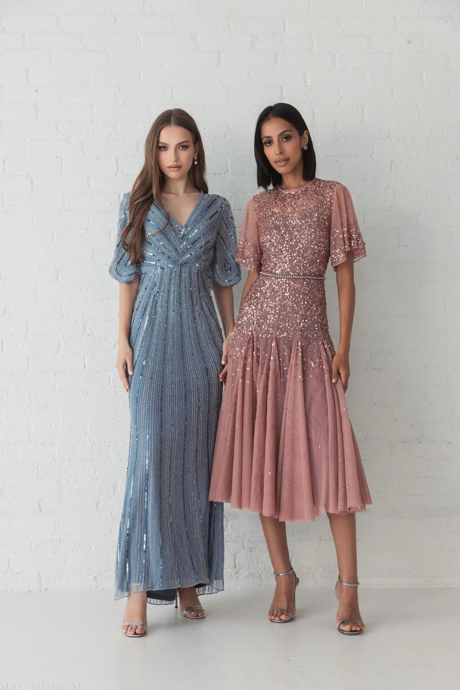 Pink Cape Sleeve Beaded Tea Length Drop Waist Dress