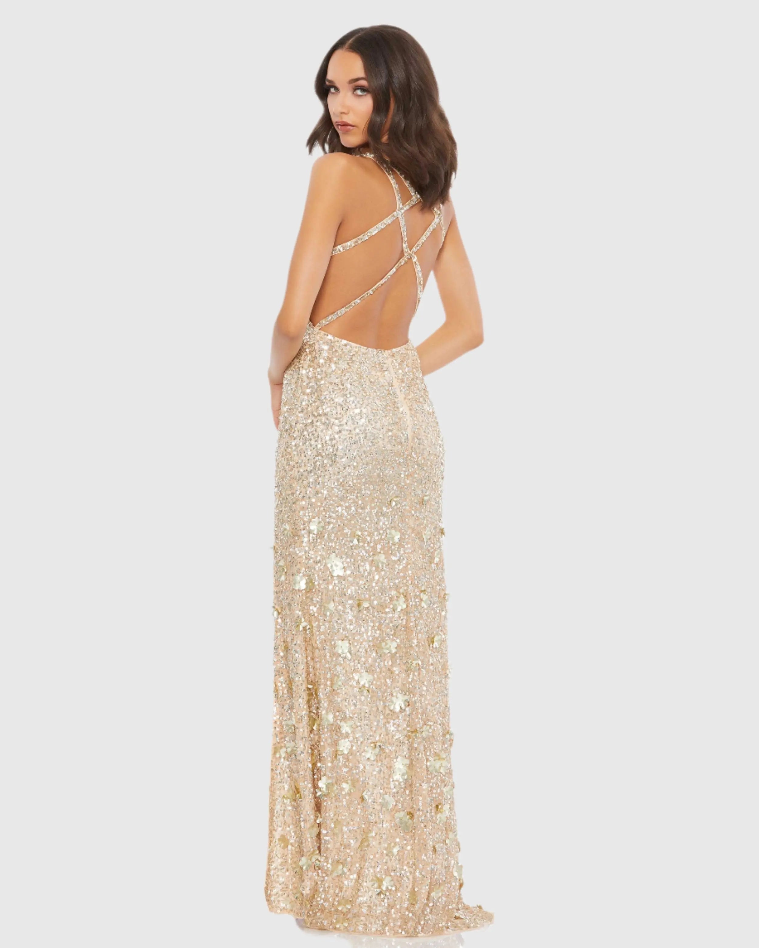 Beige Sequined Strappy Sleeveless Gown