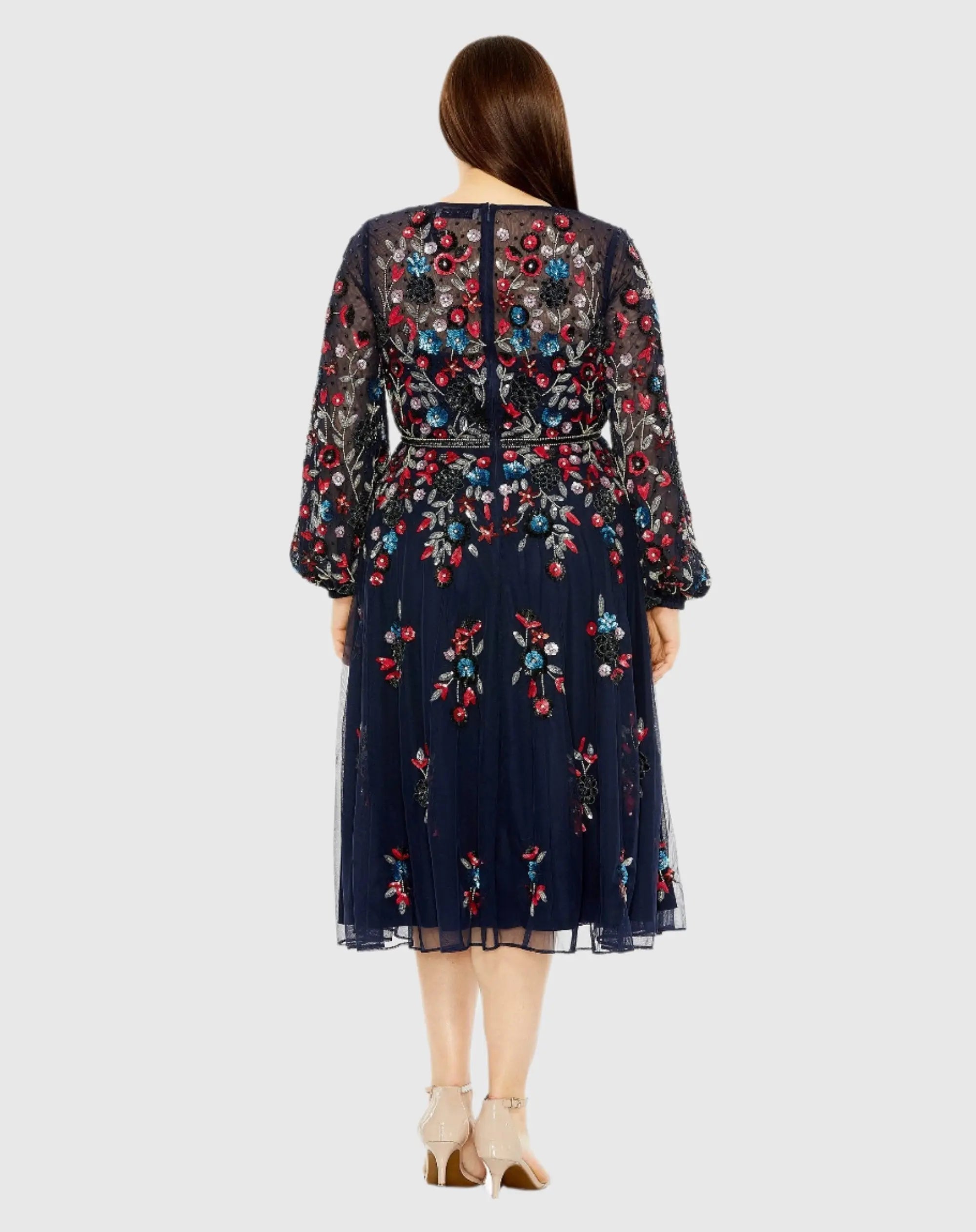 Navy Long Sleeve Beaded Cocktail Dress