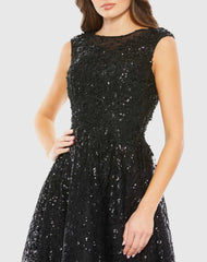 Black Sequined Cap Sleeve Fit and Flare Dress