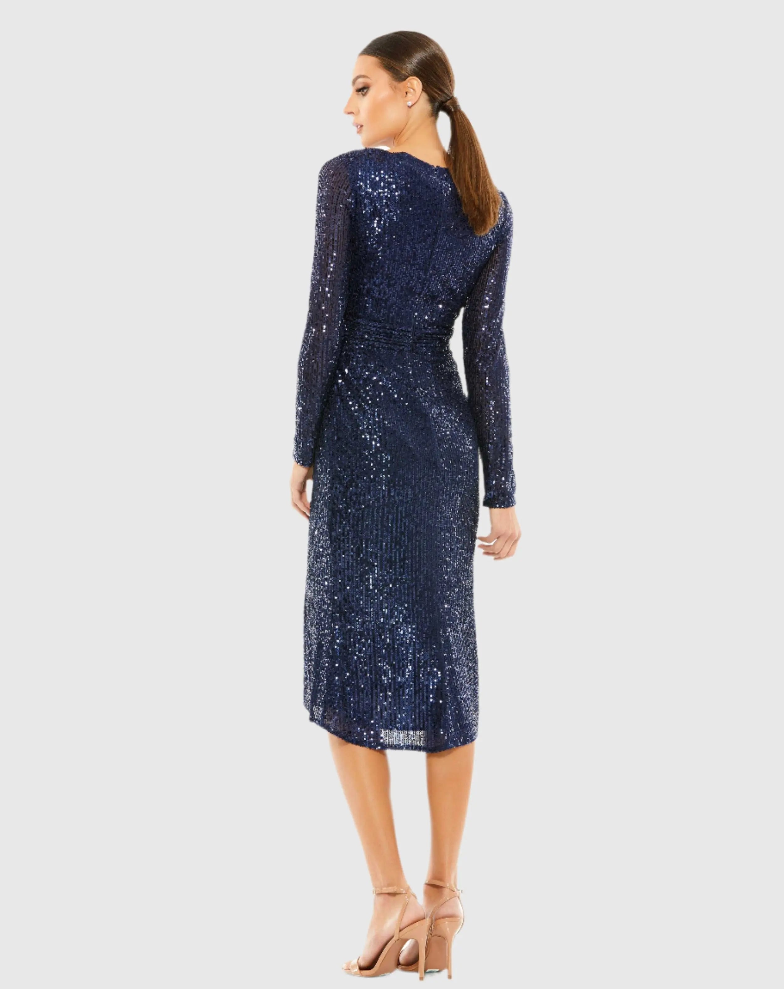 Navy Sequined Long Sleeve Midi Dress