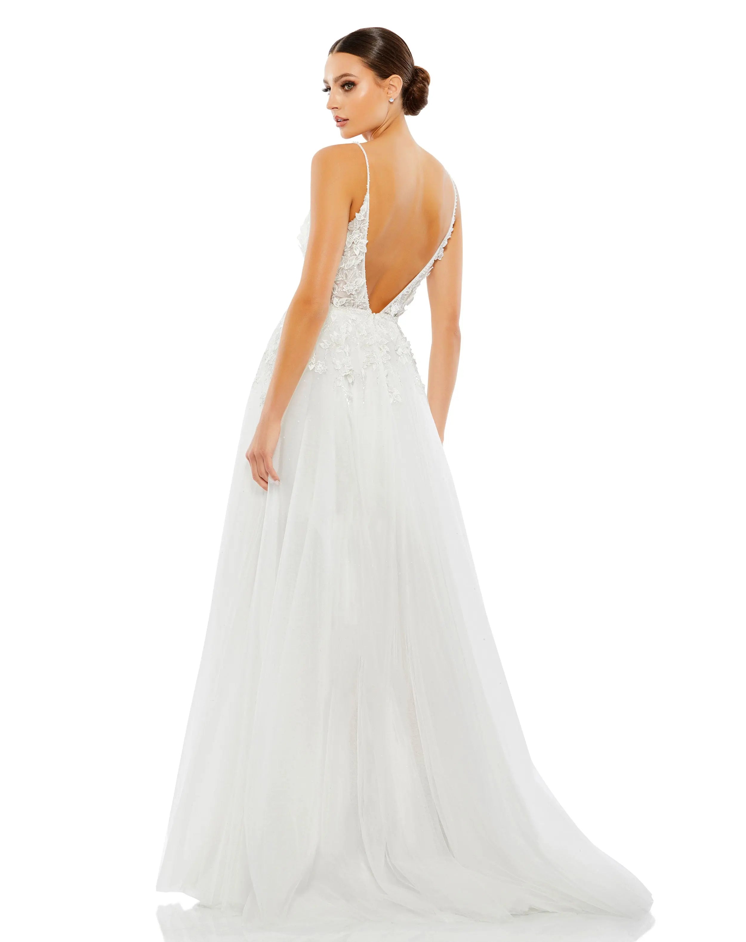 White Applique V Neck Sleeveless Open Back A Line Gown