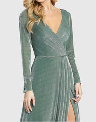 Green Long Sleeve Faux Wrap A Line Gown