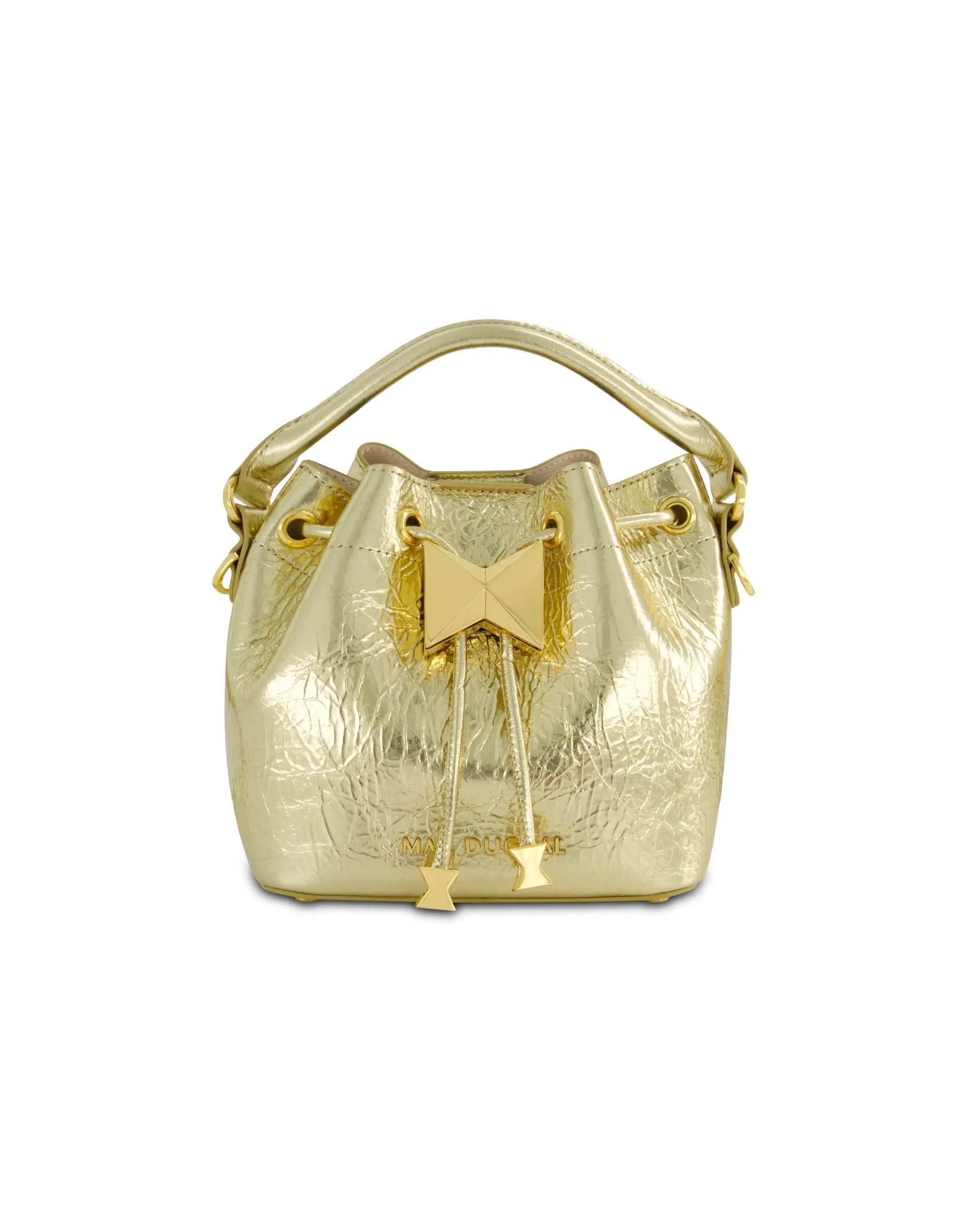 Crinkle Metallic Gold Leather Mini Bucket Bag with Detachable Strap