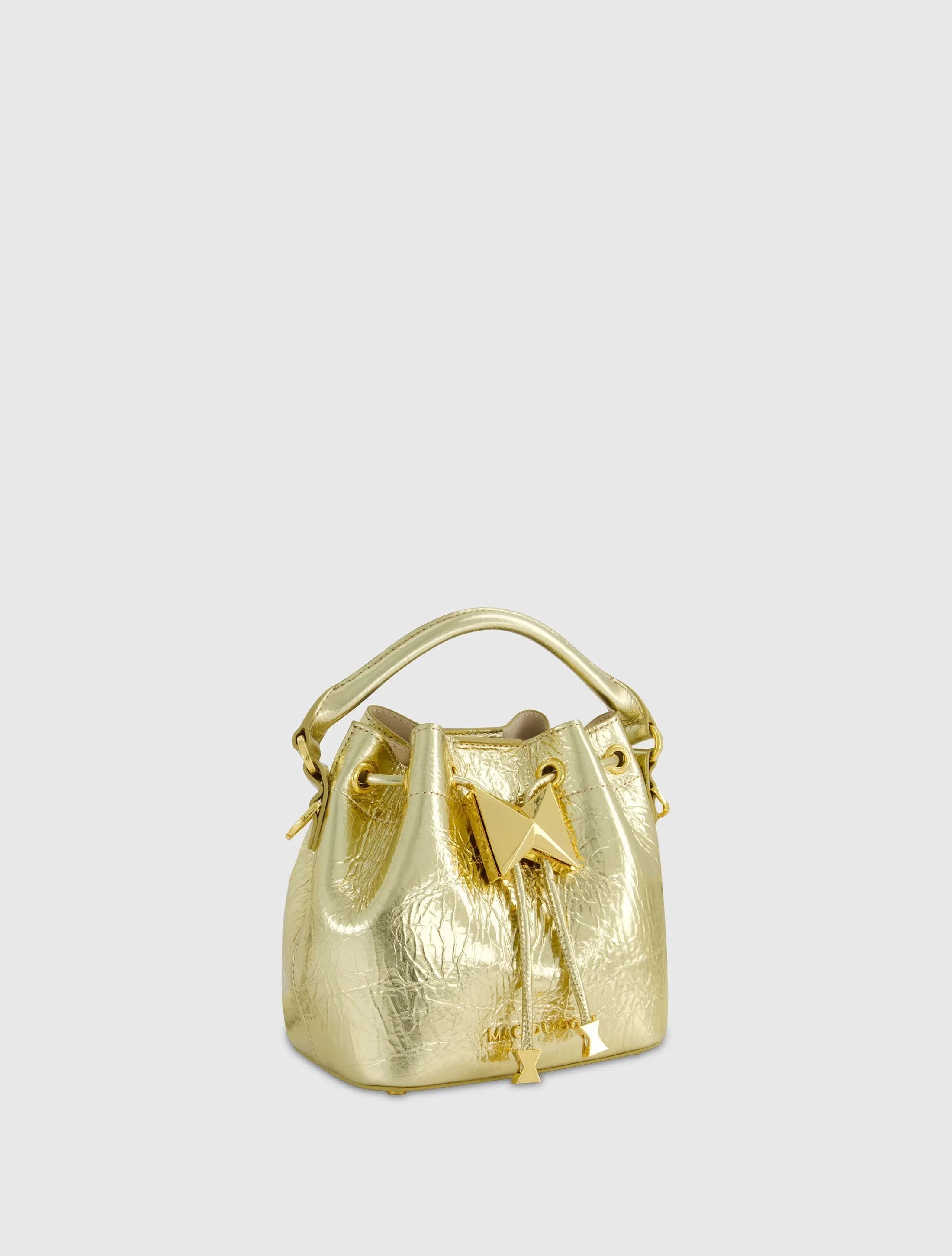 Crinkle Metallic Gold Leather Mini Bucket Bag with Detachable Strap