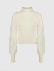 White Ribbed Knit Balloon Sleeve Turtle Neck Sweater - FINAL SALE