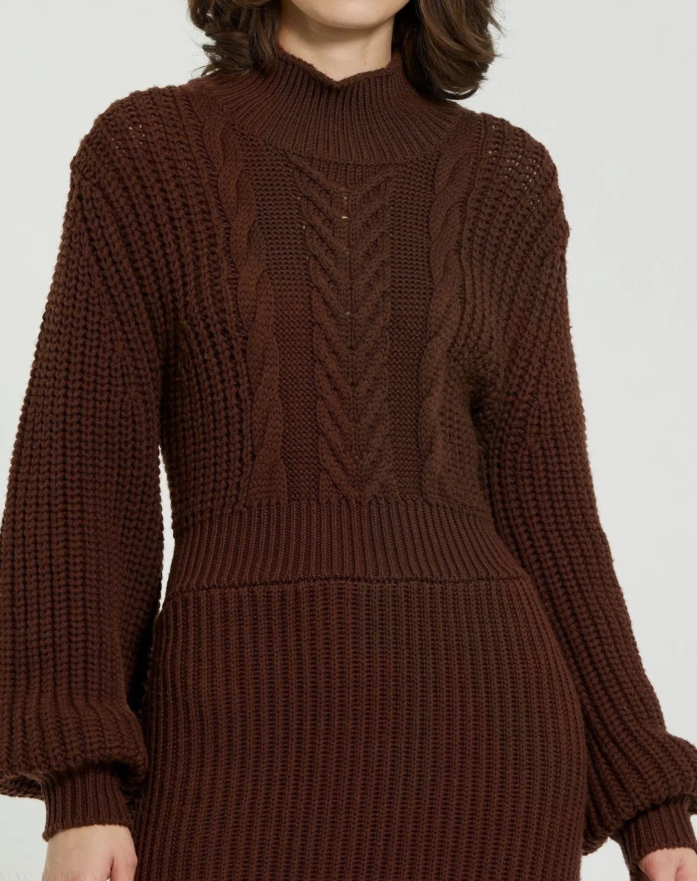Brown Long Sleeve Turtle Neck Knit Midi Dress