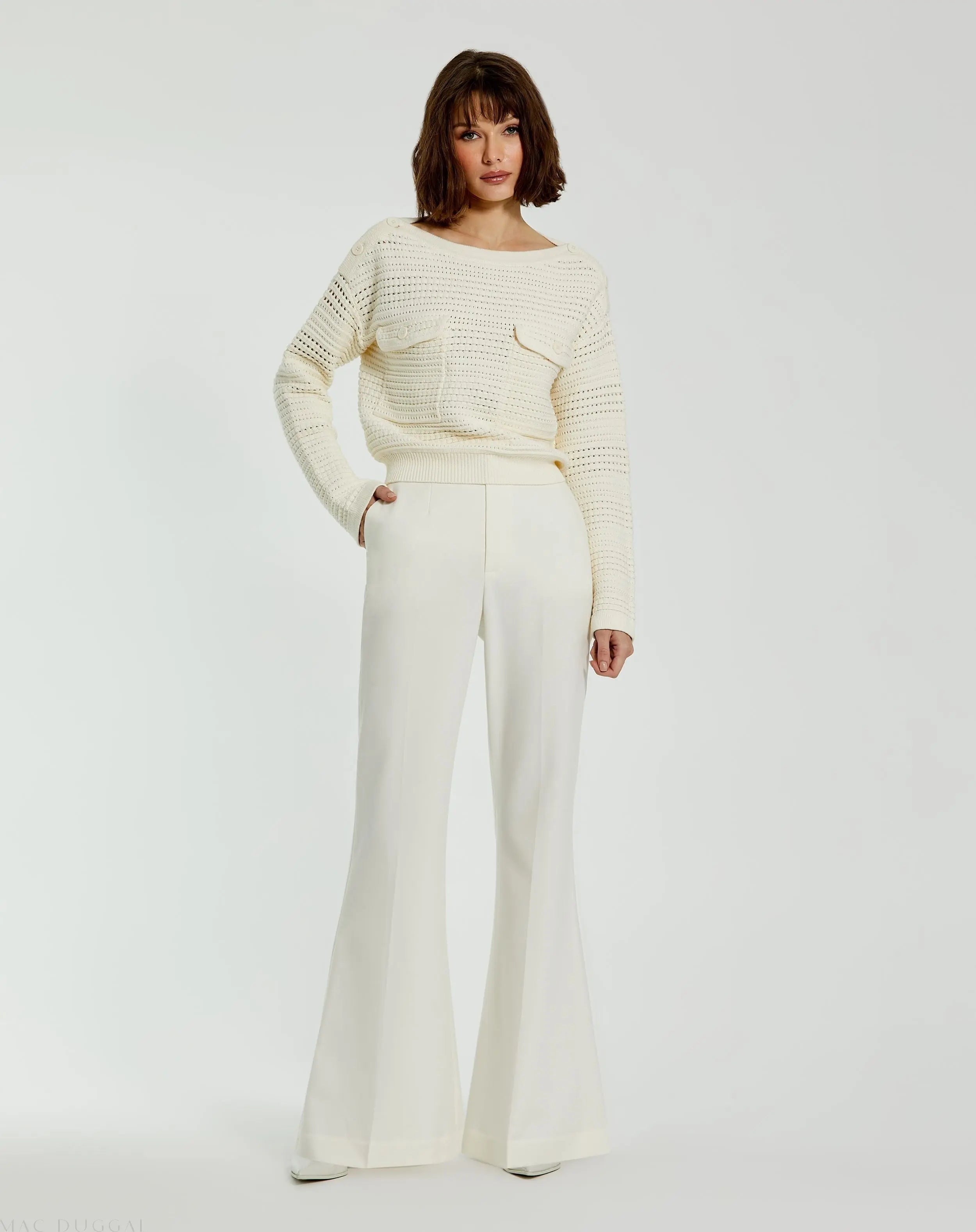White Long Sleeve Crochet Knit Crew Neck Sweater With Pockets - FINAL SALE