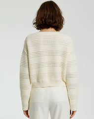 White Long Sleeve Crochet Knit Crew Neck Sweater With Pockets - FINAL SALE