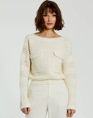 White Long Sleeve Crochet Knit Crew Neck Sweater With Pockets - FINAL SALE