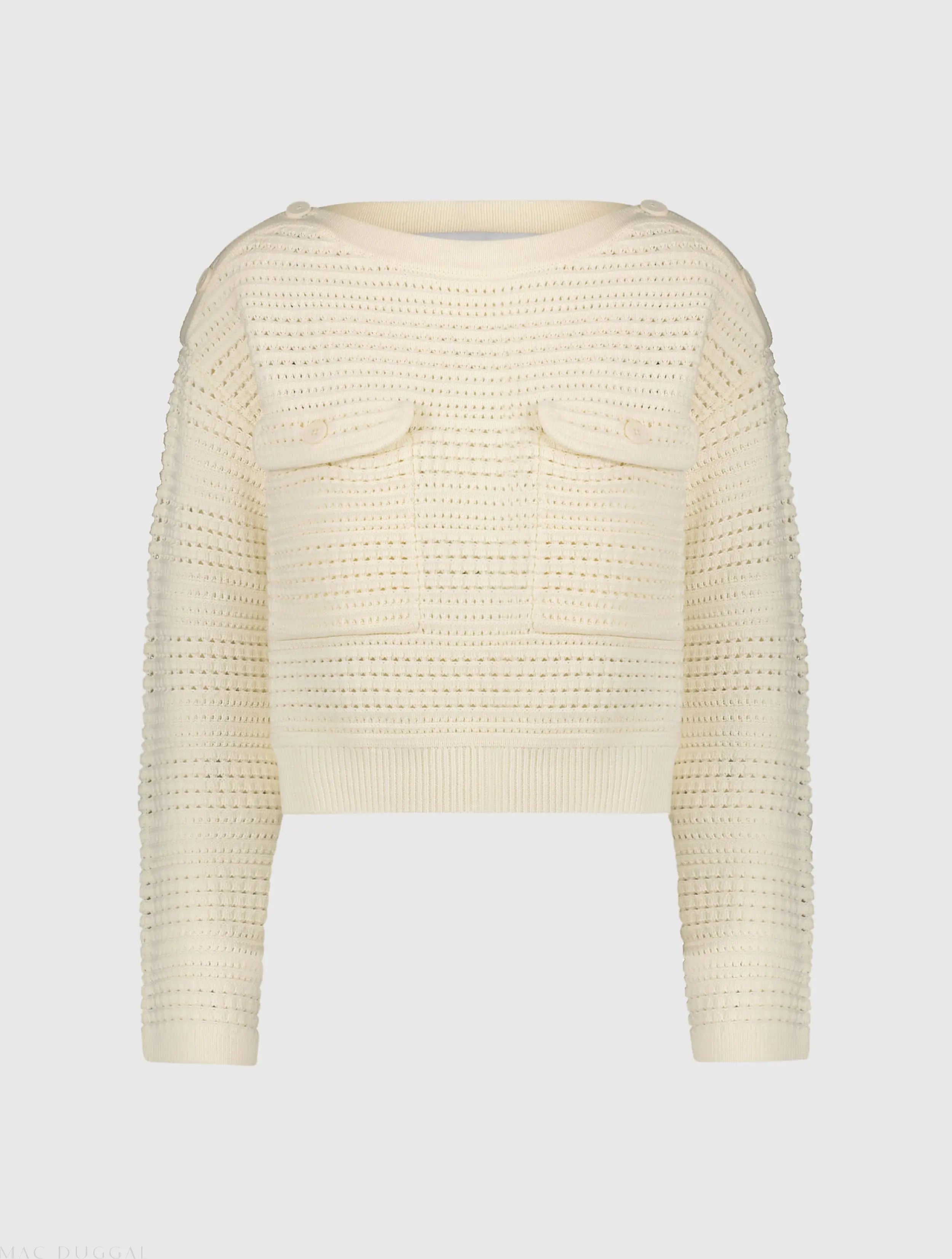 White Long Sleeve Crochet Knit Crew Neck Sweater With Pockets - FINAL SALE