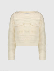 White Long Sleeve Crochet Knit Crew Neck Sweater With Pockets - FINAL SALE