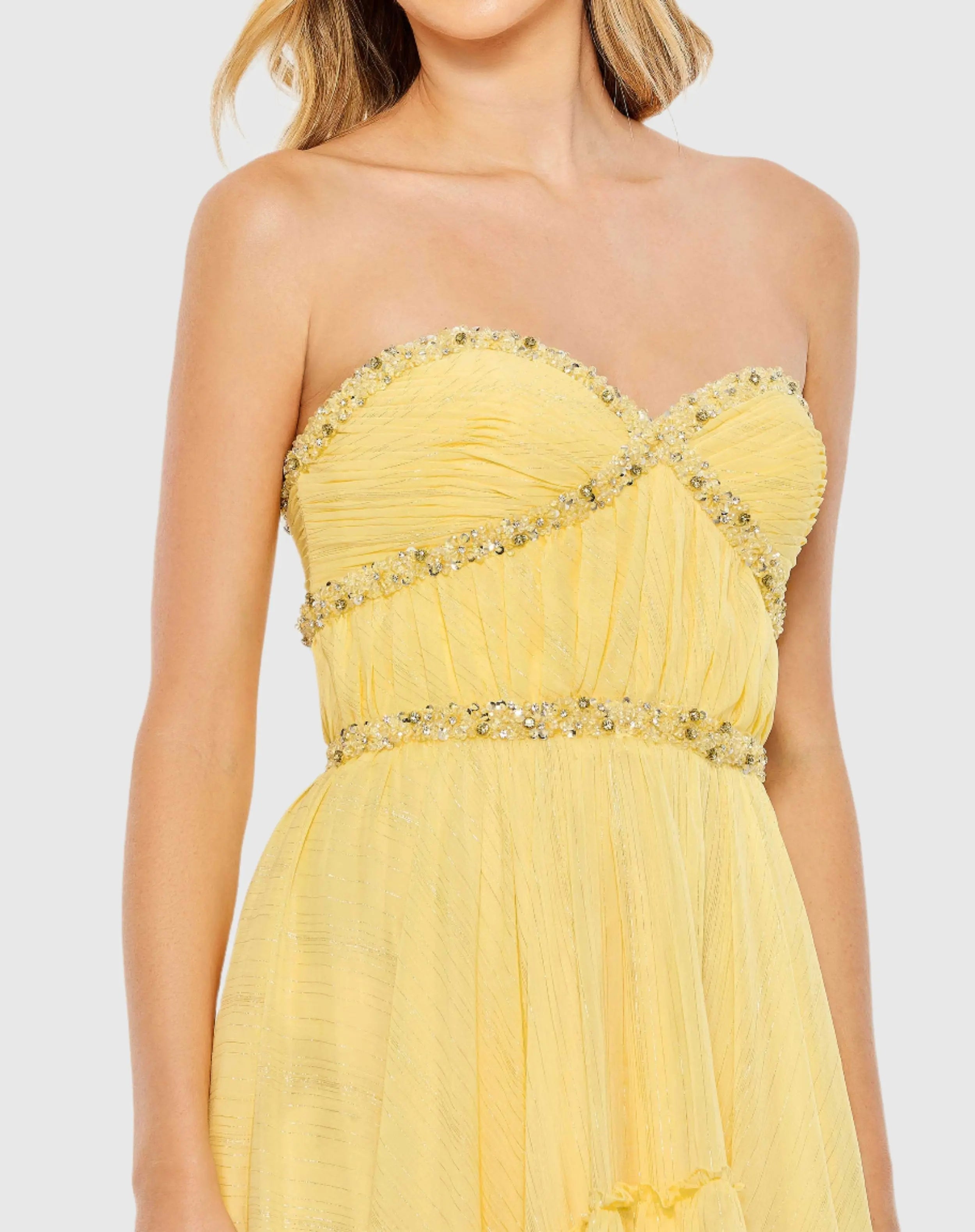 Yellow Beaded Ruffle High Low Gown