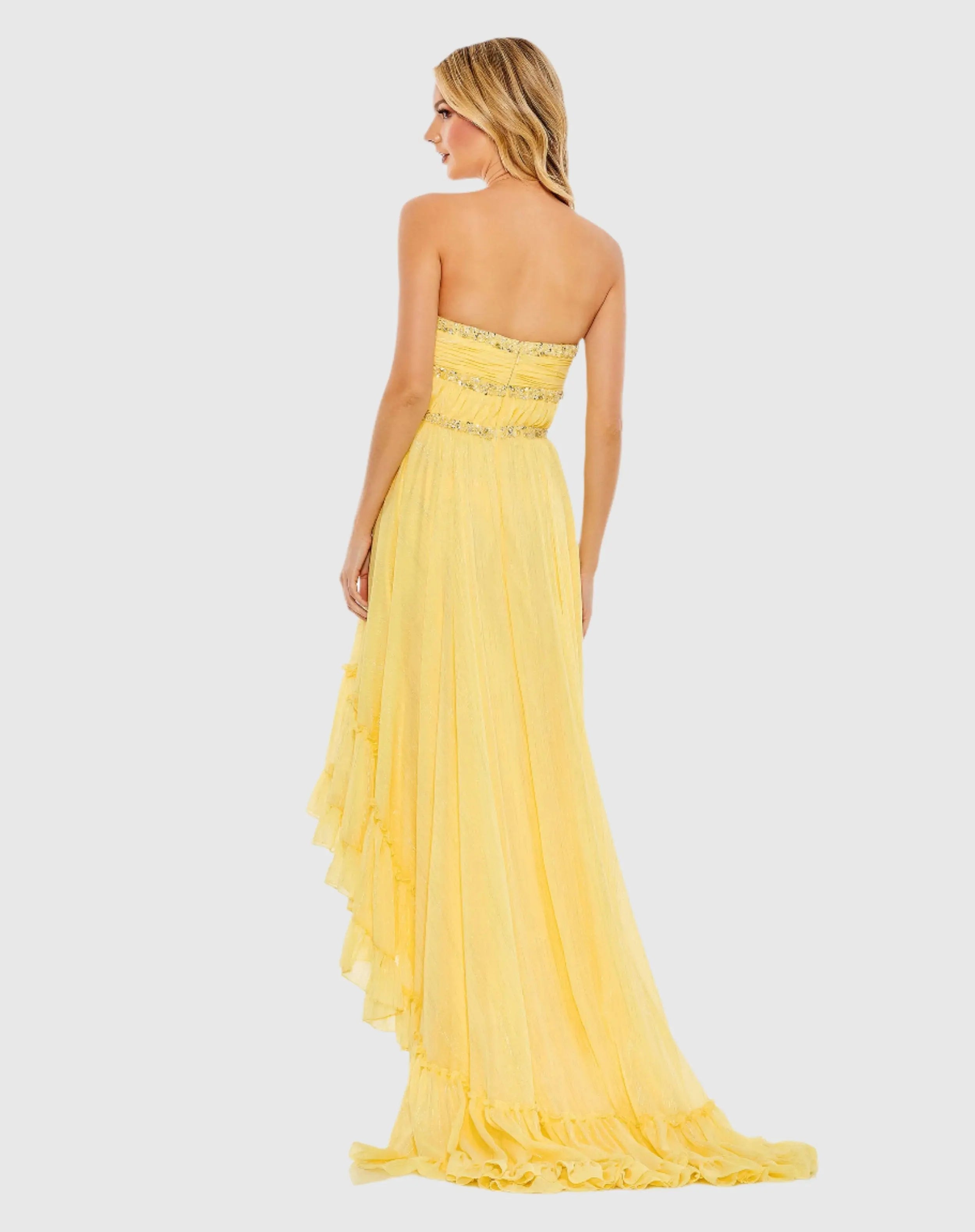 Yellow Beaded Ruffle High Low Gown